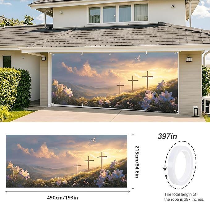 Easter Cross and Lilies Garage Door Banner 7x16FT, Religious Easter Decoration with Crosses and Lilies, Outdoor Spring Holiday Decoration for Yard and Garage