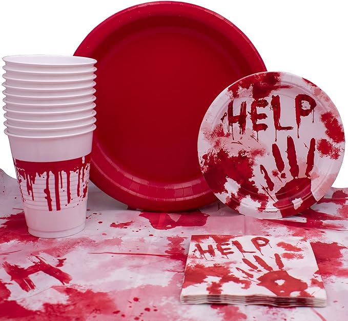 Stephanie Imports Halloween Bloody Hands Tableware Pack! Disposable Paper Plates, Napkins, Cups & Table Cover Set for 16