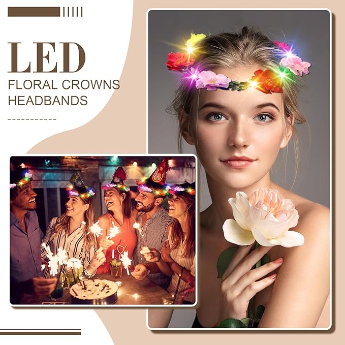 Syhood Valentines Day Gifts, 50 Pcs LED Flower Crowns Headbands, Light up Flower Crowns for Women, Glow in the Dark Headband for Wedding Birthday Mardi Gras Cosplay Princess Party Favors(Peony)