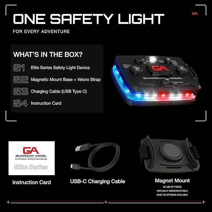 Guardian Angel Elite Series Safety Light - Red/Blue/White Front & Red/Blue Rear - Rechargeable, Magnetic, Hands-Free Wearable LED Flashlight for Law Enforcement, First Responders & Firefighters