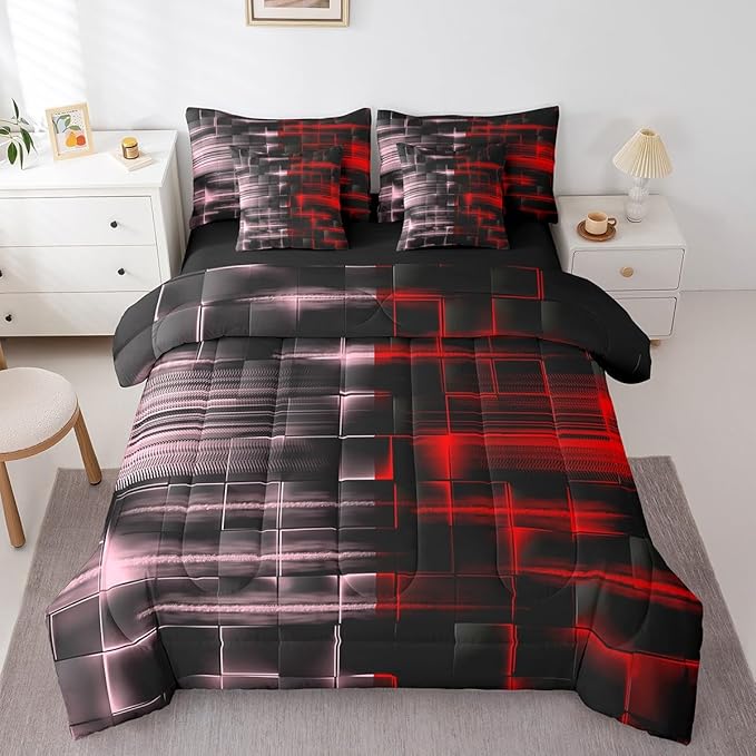 Feelyou Red and Pink Comforter Set with Sheets 7 Piece King Size Kids Geometric Bed in a Bag Strip Lines Bedding Set Abstract Art Bed Set with Comforter, Sheets,Pillowcases,Cushion Covers