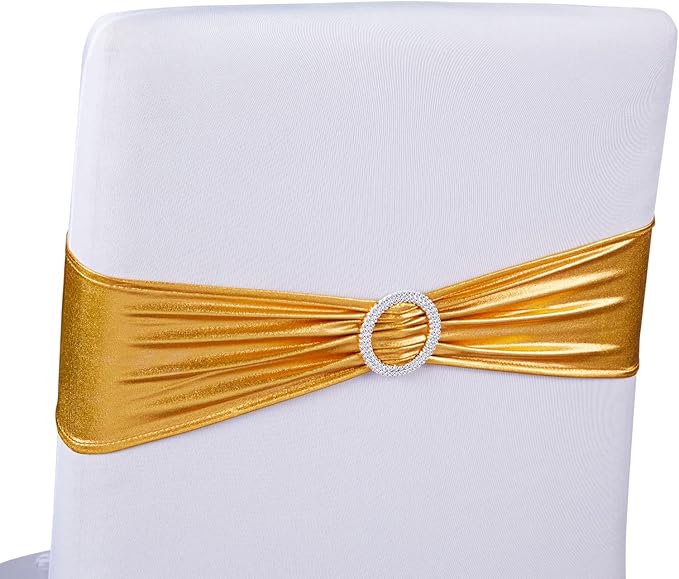 Juvale Gold Chair Sashes - 100-Pack Solid Polyester - Fits 13.5-16.5 n Chair Backs with Stretch Fit Metallic Gold Tie Backs & Silver Buckles - Wedding Decor & Party Reception