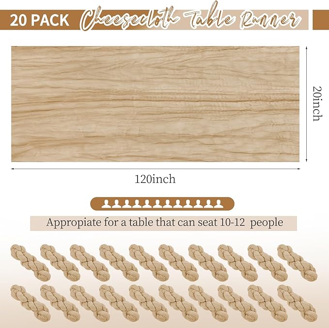 20 Pack Beige Table Runner 10Ft Cheesecloth Table Runner Boho Gauze Cheese Cloth Table Runners Romantic Long Sheer Fabric Table Runners for Wedding Party Bridal Shower