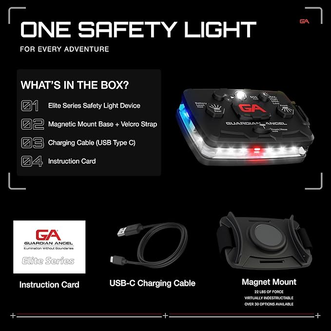 Guardian Angel Elite Series Safety Light (White Front & Blue/Yellow Rear) - Rechargeable, Magnetic, Hands-Free Wearable & Mountable LED Flashlight for Construction, Roadside, Towing, & Industrial PPE