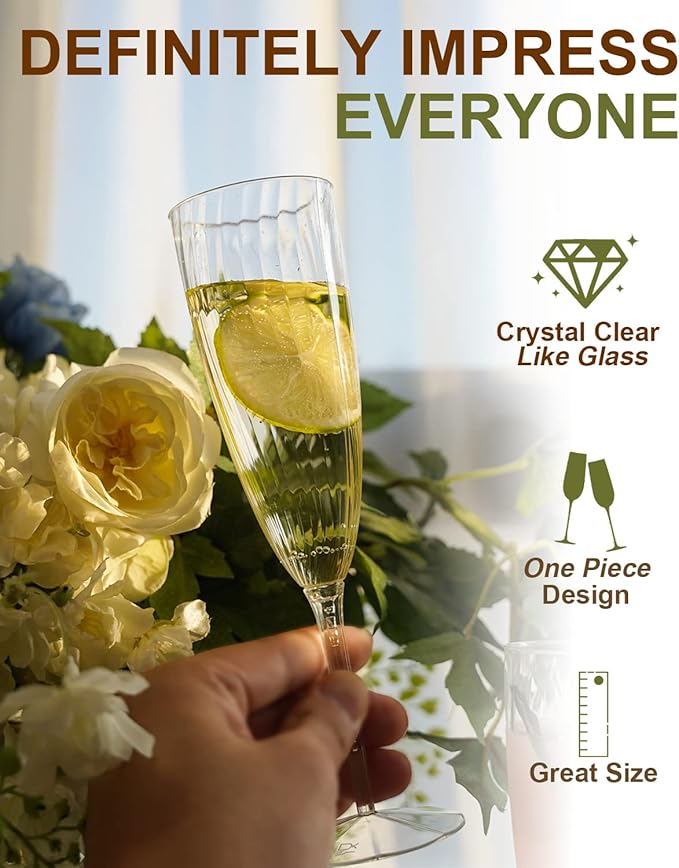Clear Plastic Champagne Flutes, 96 PCS Disposable Reusable Cocktail Cups for Home Daily Life Party Birthday Wedding Toasting Drinking Champagne (6 oz)