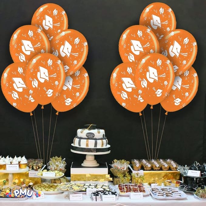 PMU 100 Pcs Orange Graduation Balloons Class of 2025 with All-Over Print White Grad Caps-Confetti and Streamers | Graduation Party Supplies | Congratulations Grad Latex Balloons Latex