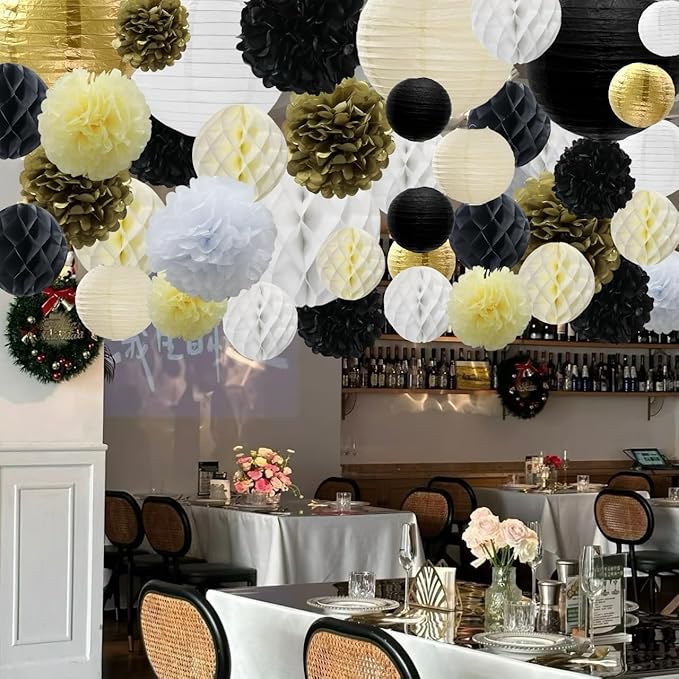 WOLHOWLTD Black Gold White Paper Decoration Set - 40Pcs Paper Lanterns, Pompoms, Honeycomb for Wedding,Retirement, Birthday, Graduation, Engagement,New Year Home Decoration(Gold Black Beige White)