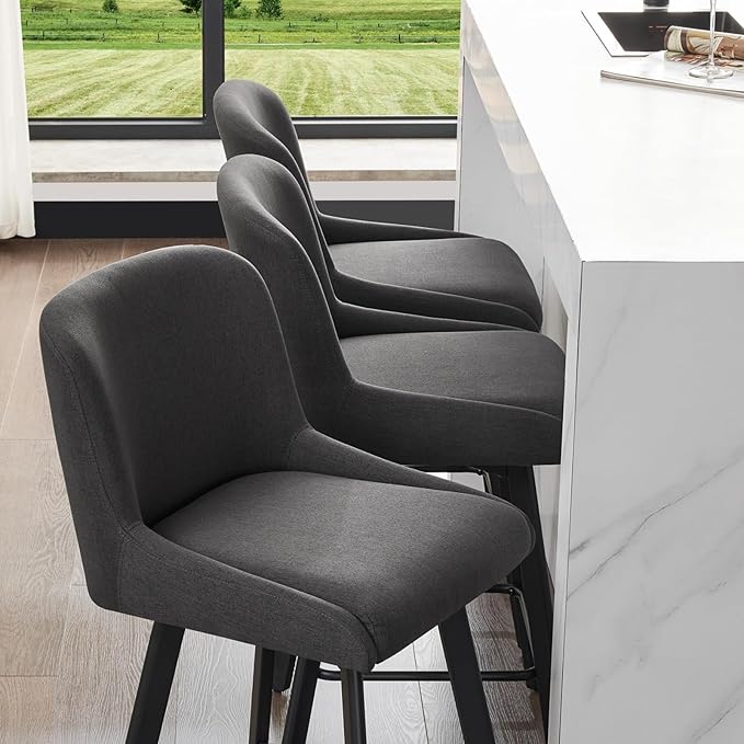 Swivel Counter Height Bar Stools Set of 2, 29''H Upholstered Barstools with Backs, Modern Bar Stool Chairs for Kitchen Island, Metal Legs, Fabric, Black Grey Stools Counter Chair
