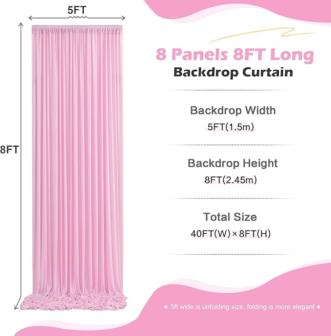 40ft x 10ft Wrinkle Free Pink Backdrop Curtain for Parties, 8 Panels 5×10ft Silky Polyester Light Pink Photo Backdrop Drapes Back Drop Cloth for Girl Party Birthday Gender Reveal Wedding Photography