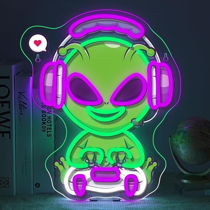 Gamerneon Alien Neon Sign Gaming Neon Signs for Wall Decor Game Room LED Light for Man Caves Zone Club Gamer Lover Teens Bedroom Home Boys Gift