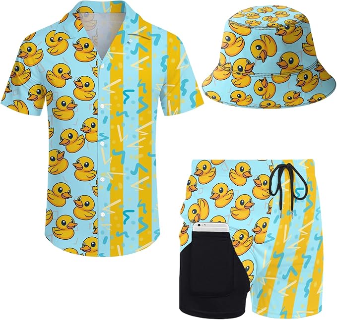 Men's Hawaiian Shirt and Shorts Set 2 Piece Beach Outfits with Bucket Hats for Beach Days and Summer Vibes