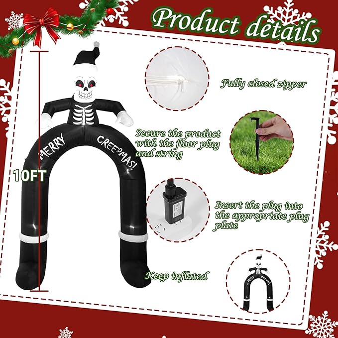 10 FT Skeleton Old Man Arch, Outdoor Inflatable Decorations with Built-in LED Lights for Gothic Style Holiday Inflatable Decorations for Patio, Lawn and Outdoors.