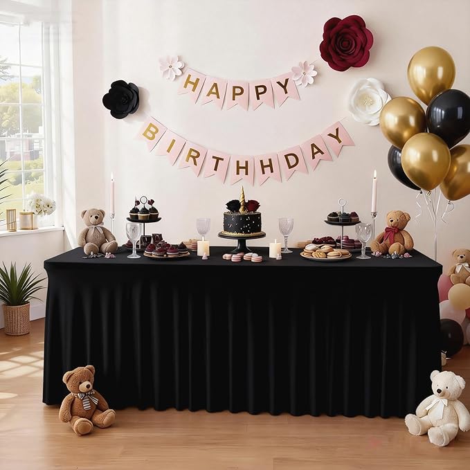 6 Packs Black Table Clothes for 6 Foot Rectangle Tables, Wrinkle Resistant Stretch Spandex Table Covers Fitted Tablecloth with Skirt for Event Banquet Wedding Birthday Party