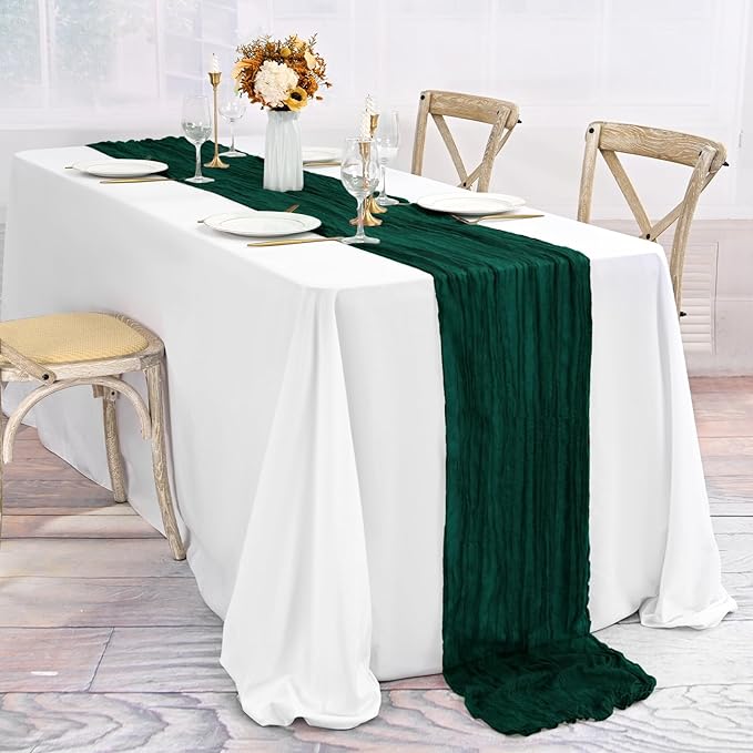 30 Pack Emerald Green Table Runner 10Ft Cheesecloth Table Runner Long Boho Cheese Cloth Table Runners Romantic Sheer Fabric Gauze Table Runners for Wedding Party Bridal Shower