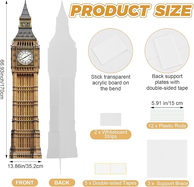 6 Ft Big Ben Cardboard Cutout Big Ben Stand Up Cutout Life-Size Britain Photo Booth Prop Backdrop Sign British Landmark for England London Theme Birthday Party Cultural Educational Display