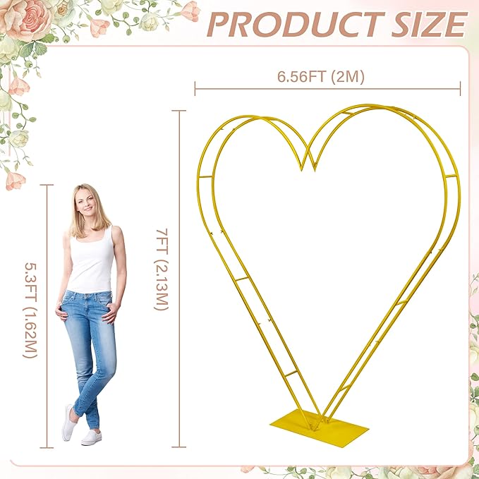 7FT Metal Heart Arch Double Heart Shaped Balloon Stand Wedding Arch for Proposal Ceremony Valentine's Day Birthday Party Baby Shower Decoration (Gold)