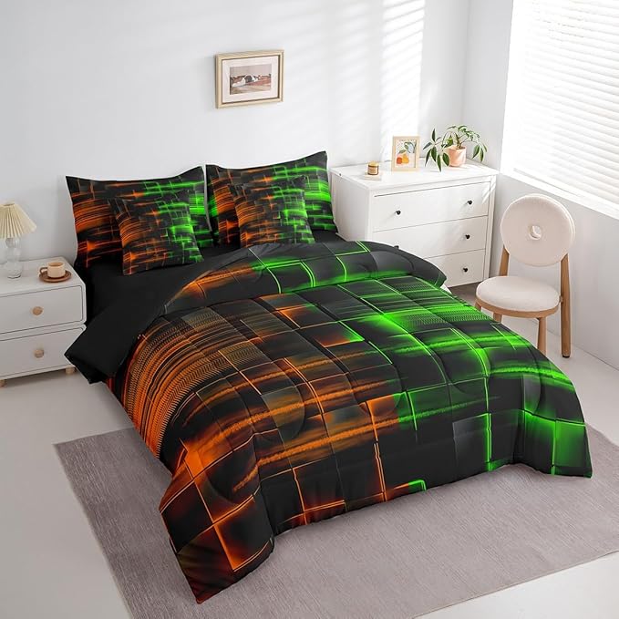 Feelyou Green and Orange Comforter Set with Sheets 7 Piece Queen Size Kids Geometric Bed in a BagStrip Lines Bedding Set Abstract Art Bed Set with Comforter, Sheets,Cushion Covers