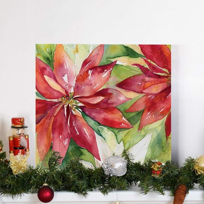 Renditions Gallery Poinsettia Leaves Wall Art, Christmas & Winter Artwork, Festive Red & Green, Flowers, Floral, Premium Gallery Wrapped Canvas Decor, Ready to Hang, 16 in H x 16 in W, Made in America