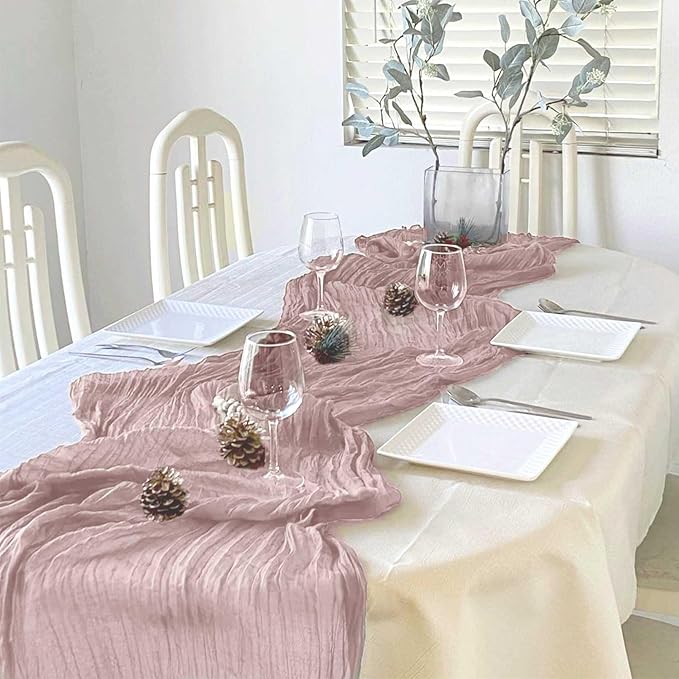 12 Pack Pink Cheesecloth Table Runners 35 x 120 Inch Rustic Boho Gauze Christmas Table Runner for Wedding Arch, Party Decoration, Bridal Shower, Reception, Farmhouse Dining Decor