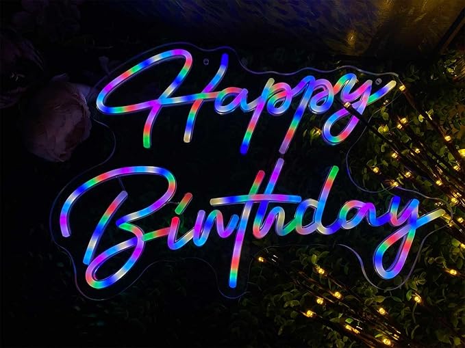 Ulalaza Smart RGB & Color Flow Effect Happy Birthday LED Neon Sign with Remote & App Control Music Sync Timer Setting LED Acrylic Light for Wall Party Décor Bedroom Bar Wedding Home Birthday USB Powered