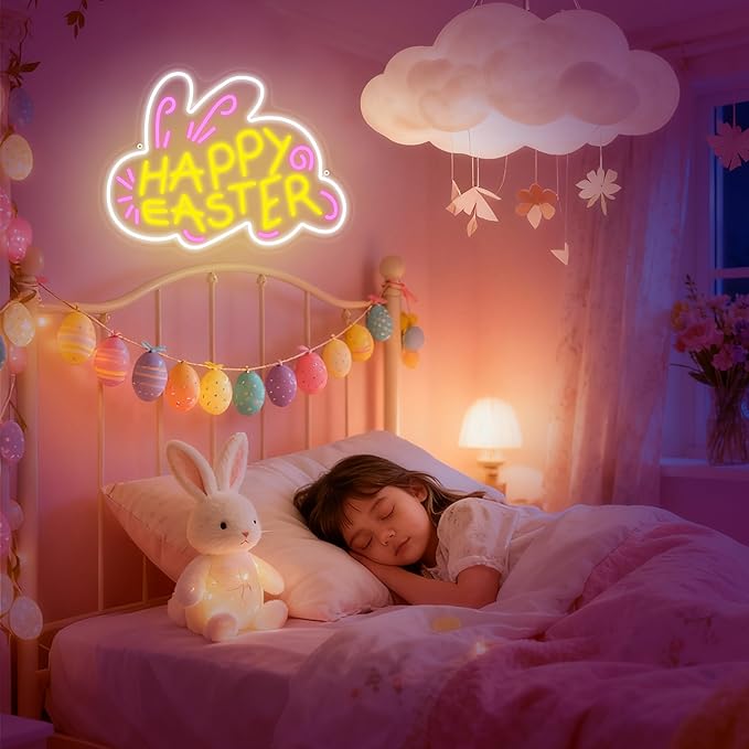 Happy Easter Neon Signs for Wall Decor, Bunny Light Up Sign, Happy Easter Home Wall Decoration for Bedroom, Bar, Kid Room Party Gifts