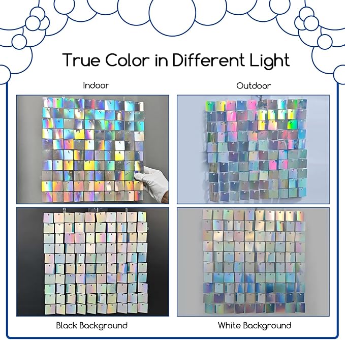 COKAOBE Iridescent Silver Shimmer Wall Backdrop, 24 Panels Square Sequin Shimmer Backdrop, Photo Backdrops for Birthday, Anniversary, Wedding, Graduation & Bachelorette Party Decoration