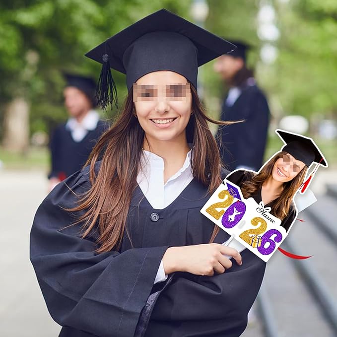 Personalized Graduation Face Fan 2026 Grade Custom Double Sided Face Cutout Fan with Handle Photo Booth Prop Party Supplies(B-Purple and Gold,12pcs)