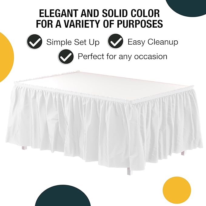 Exquisite Ruffle Table Skirt White Pack Of 12, 14 Ft Long Table Skirts for Rectangle Tables 6ft Plus or Round Tables Skirts with Adhesive Strip for Gender Reveal Decor & Happy Birthday Parties