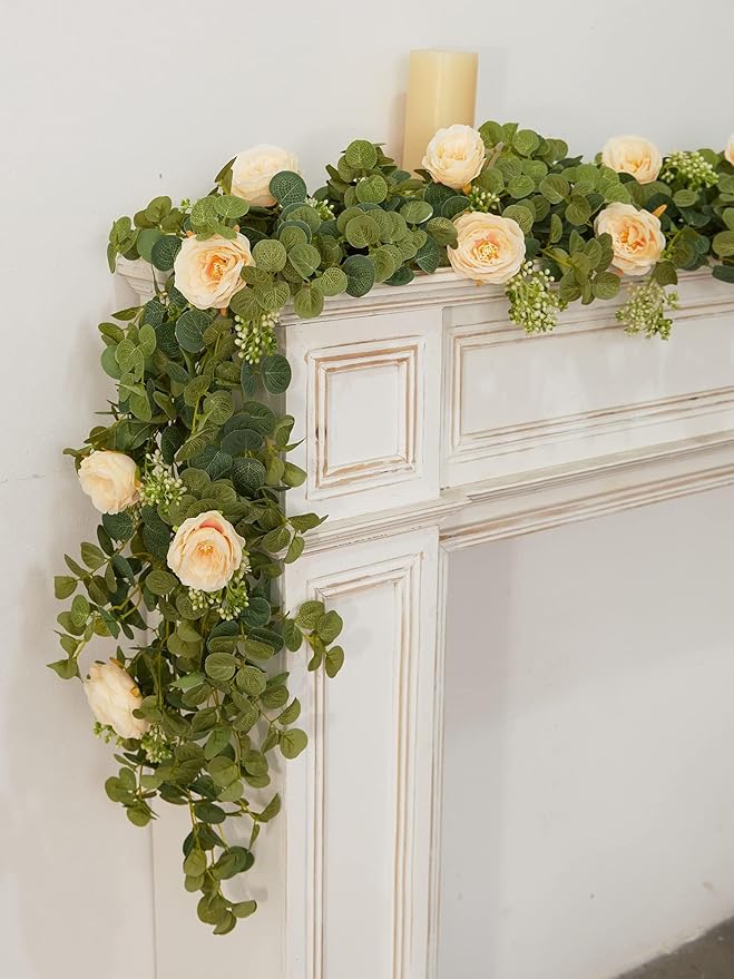 PARTY JOY 2pcs 6.56ft Eucalyptus Garland with Flowers-8 Champagne Roses-Lush,Natural Looking, Floral Garland Greenery for Party Wedding Table Indoor Outdoor Backdrop Wall Decor（Champagne）