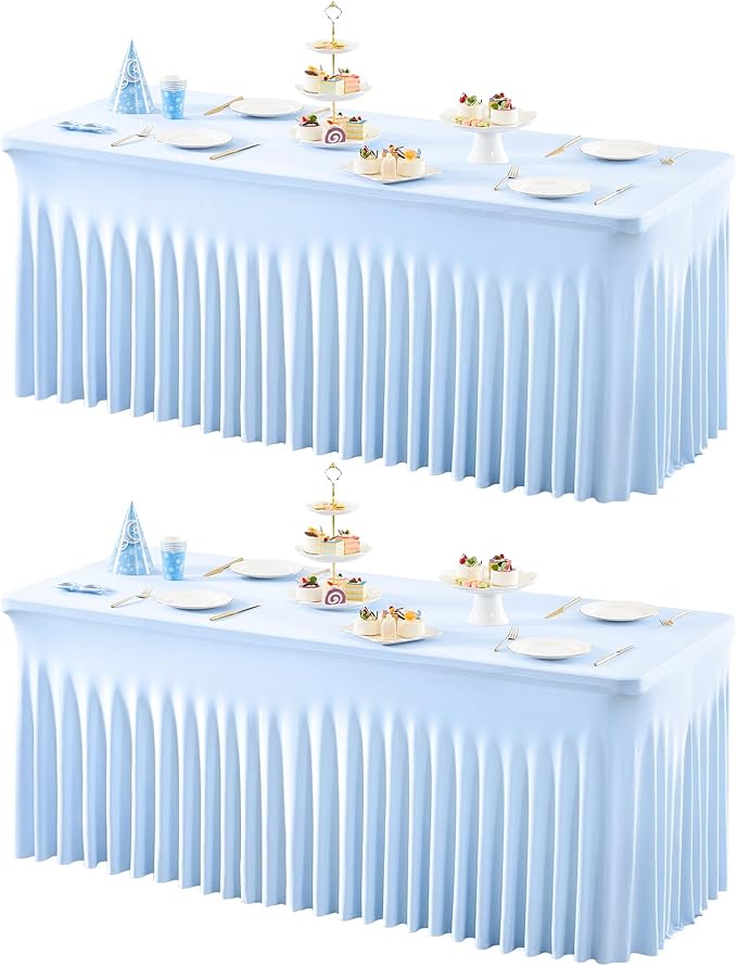 2 Packs Baby Blue Table Clothes for 8 Foot Rectangle Tables, One-Piece Wrinkle Resistant Stretch Spandex Table Covers with Skirt for Event Banquet Wedding Birthday Party