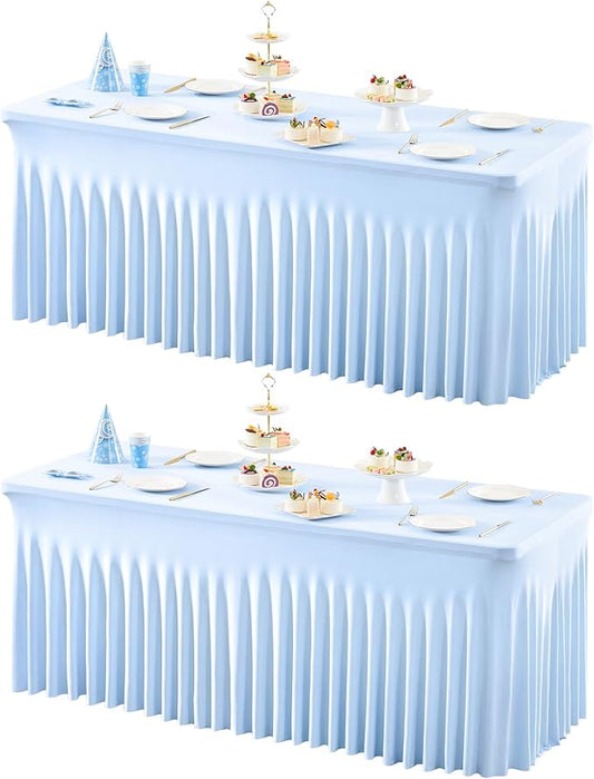 2 Packs Baby Blue Table Clothes for 4 Foot Rectangle Tables, One-Piece Wrinkle Resistant Stretch Spandex Table Covers with Skirt for Event Banquet Wedding Birthday Party