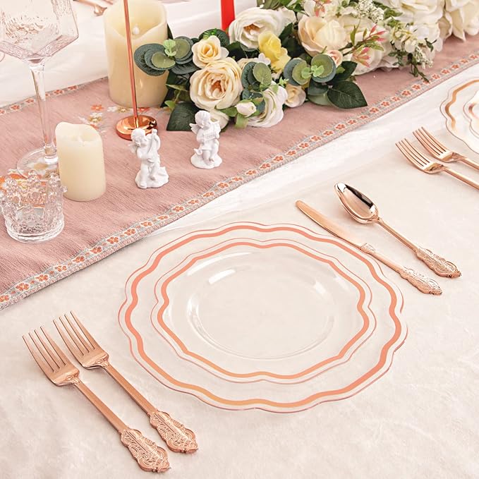 NOCCUR 150PCS Rose Gold Plastic Plates&Rose Gold Silverware-Include 30Dinner Plates, 30Salad plates, 90 Disposable Rose Gold Utensils- Ideal for Weddings/Party/Valentines Day