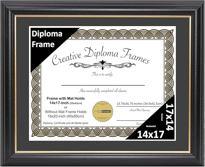 Creative Picture Frames 14" x 17" Rockefeller Black with Gold Rim Diploma Frame, Displays 14" x 17" Certificate or 16" x 20" Document without Mat, College Degree Frame, Full-Strength Glass, Black Mat