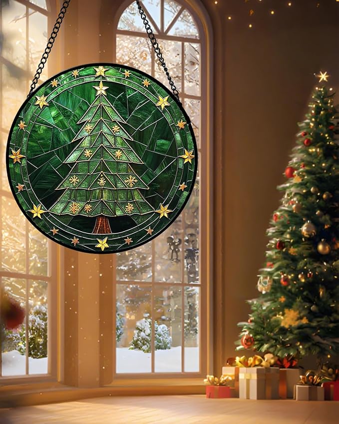 Stained Glass Window Hanging - Green Christmas Tree with Golden Stars Suncatcher for Doors Home Christmas Decoration Sun Catcher Thanksgiving New Year Birthday Gifts for Women Men Mom Nana 15 in