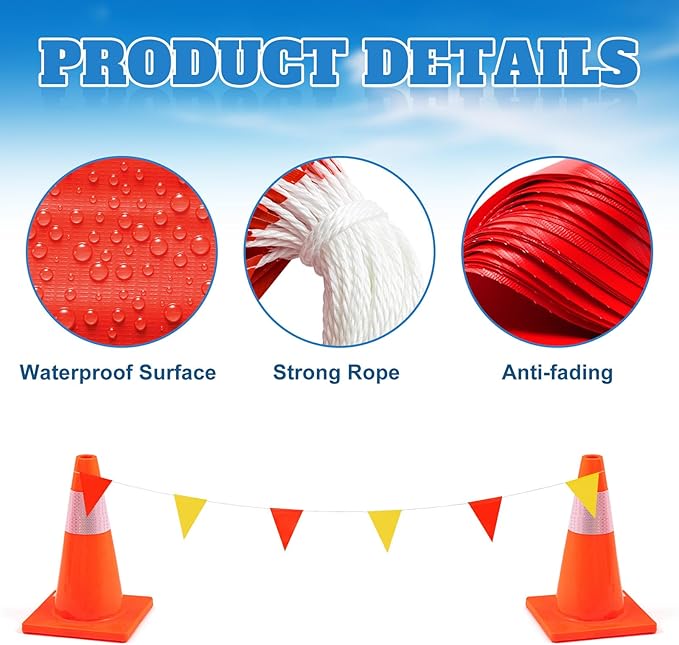 Preboun 197FT Pennant Banner Flags High Visibility Safety Marking Flags Traffic Resistant Warning Signs Rooftop Flagging for Roadwork, Hazard Areas, Construction Sites(9 x 12 Inch,Red and Yellow)