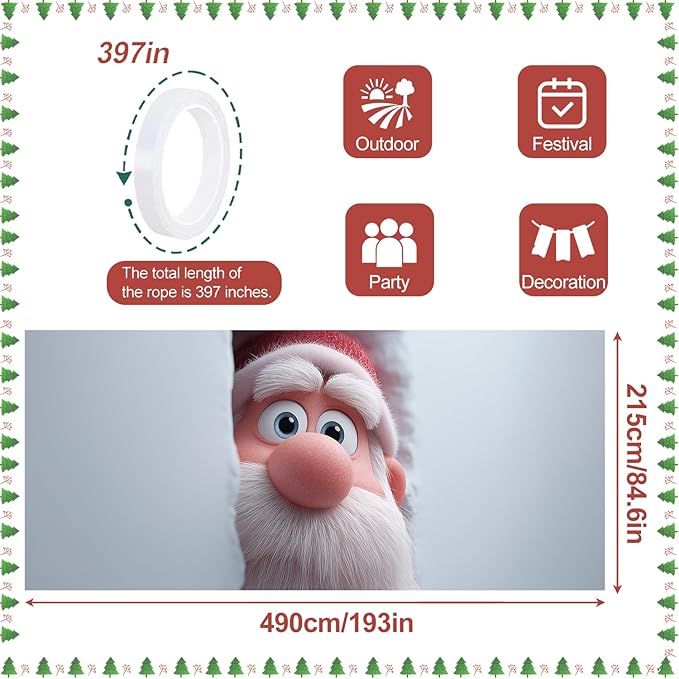 Christmas Garage Door Banner 7x16FT, Santa Claus Peeking Through Wall, Large Outdoor Xmas Garage Door Cover, Decoration for Driveways, Holiday Parties and Winter Wonderland