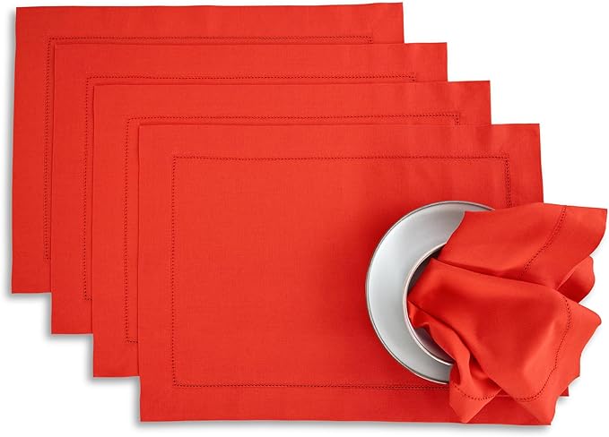 Solino Home Cotton Linen Placemats Set of 4 - Hemstitch Poppy Red Placemats 14 x 19 Inch - Machine Washable Table Mats for Valentines
