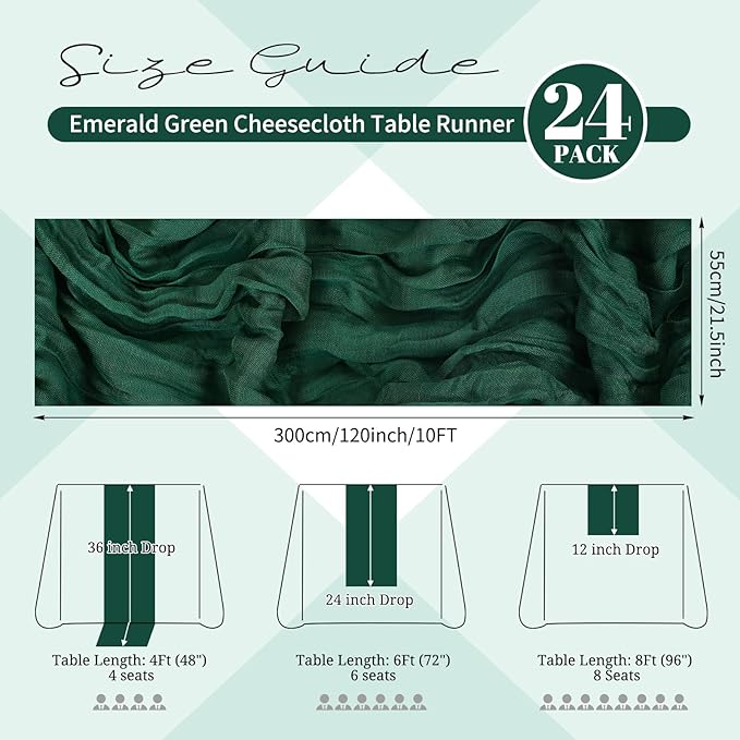 24 Pack Emerald Green Cheesecloth Table Runner 120 inch Fall Thanksgiving Boho Rustic Gauze Farmhouse 10FT Cheese Cloth Runner for Baby Shower Wedding Party Holiday Home Decor