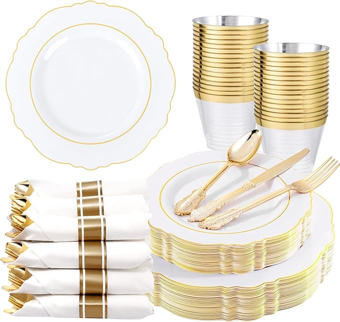 Liacere 175pcs Gold Plastic Plates - White and Gold Disposable, 50PCS Plastic Dinner Plates, Perfect for Wedding & Party & Holiday & Mother's Day & New Year