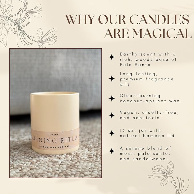 Morning Ritual Scented Candle – Palo Santo & Sandalwood Soy Candle for Meditation & Yoga – Earthy Moss Luxury Candle – Vegan, Phthalate-Free, Clean Burn – 13 oz, Made in USA