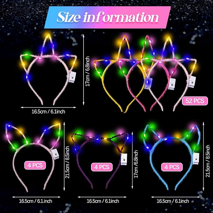 Xinnun 64 Pieces Light up Unicorn Ears Headband Neon LED Glow in Dark Cat Rabbit Ears Hairband for Women Adult Valentine's Day Mardi Gras Carnival Party Costume