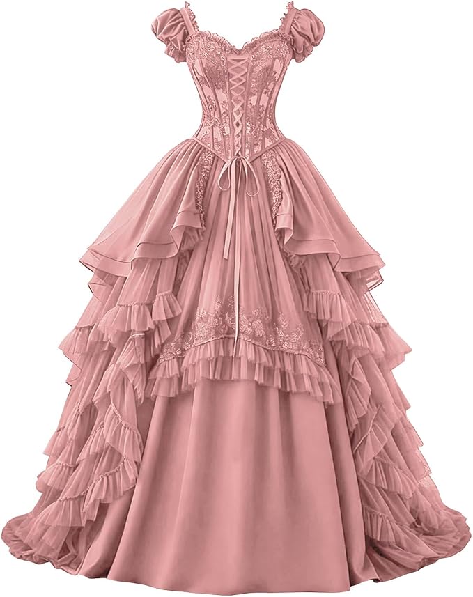 Ftupza Gothic Wedding Dresses Lace Appliques 1800s Victorian Dresses for Women Layered Tulle Prom Dress Long Ball Gown