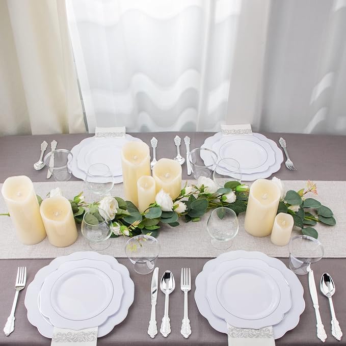 NOCCUR 175pcs Silver Plastic Plates - Silver Rim Plastic Tableware Include 25 Dinner/Dessert Plates, 25 Forks, 25 Knives, 25 Spoons for Wedding/Party