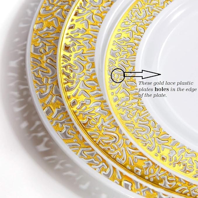 WDF 150PCS Gold Plastic Plates Set - Valentines Plates 25Guests Gold Disposable Dinnerware Sets for Valentine's Day