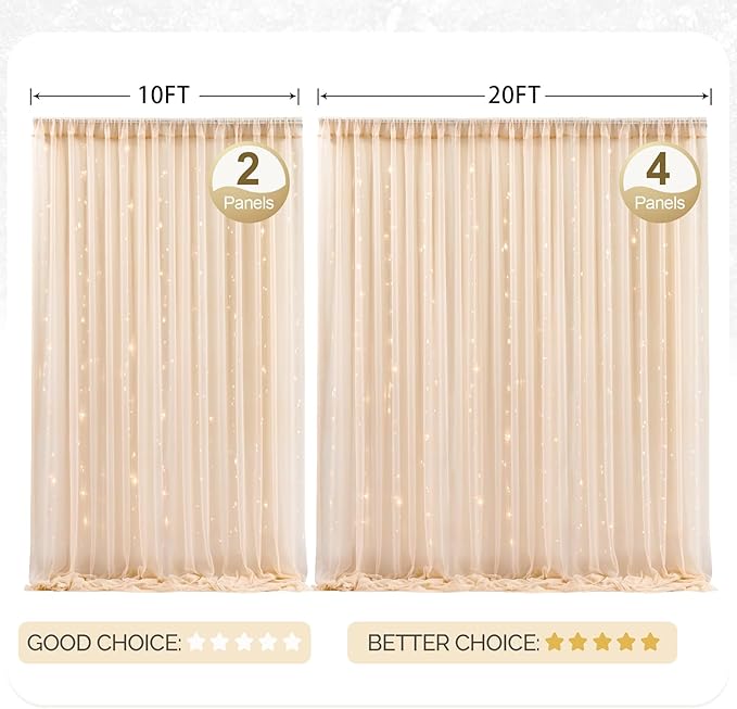 20x10ft Champagne Tulle Backdrop Curtain with Lights String for Parites, Sheer Photo Backdrop Curtains with Lights for Wedding Backdrop Ceremony Reception Bridal Shower Baby Shower Birthday Party