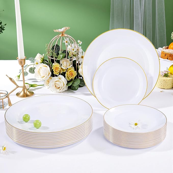 Festiva 350Pcs Gold Plastic Plates - White and Gold Dinnerware Set Disposable include 10" & 7" Plates,Cups,Silverware,Napkins -serve 50 Guests Perfect for Wedding& Easter&Birthday Party