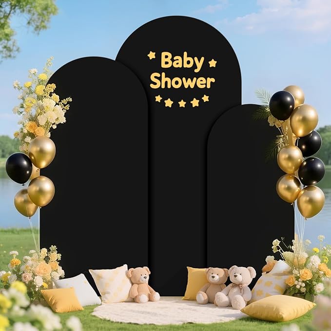 Metal Arch Stand and Cover Set 7.2FT, 6.6FT, 6FT Balloon Wedding Arch Frame with Black Spandex Wedding Arches Cover Set of 3 Chiara Backdrop Stand for Parties Birthday Baby Shower Decor