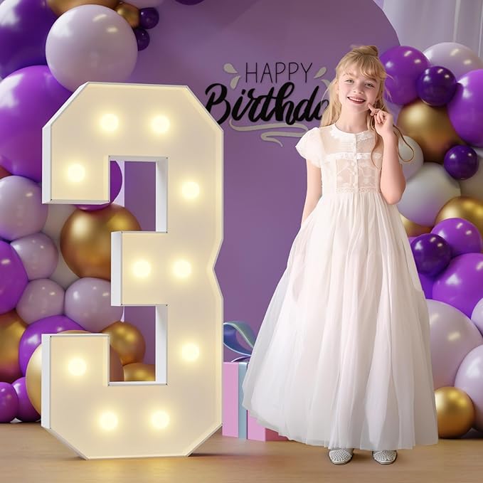 Marquee Numbers 3rd-Birthday Large Decorations: 4ft Light Up Numbers Third Birthday Sign for Boy Girl Three Year Old Anniversary Mosaic Party Decor Backdrop Big Foam Board Number 4