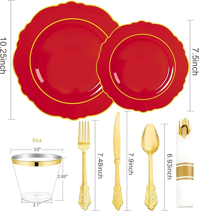 Liacere 175PCS Red Plastic Plates - Red Disposable Plates With Gold Rim -25Guest Baroque Plastic Dinnerware include 50Plates-25Pack Pre Rolled Napkins with Silverware 25Cups for Valentine's Day