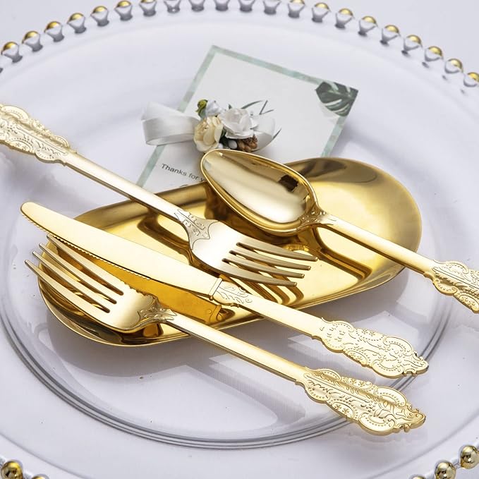 bUCLA 600 Pieces Gold Plastic Silverware - Plastic Gold Utensils - Heavyweight Disposable Cutlery - 200 Forks, 200 Spoons, 200 Knives for Party & Wedding